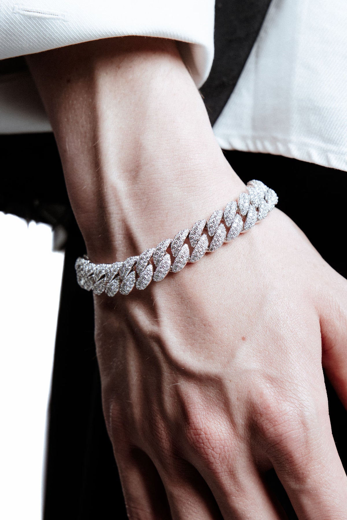 12mm Cuban Rhodium Plated Silver Bracelet w. Moissanites