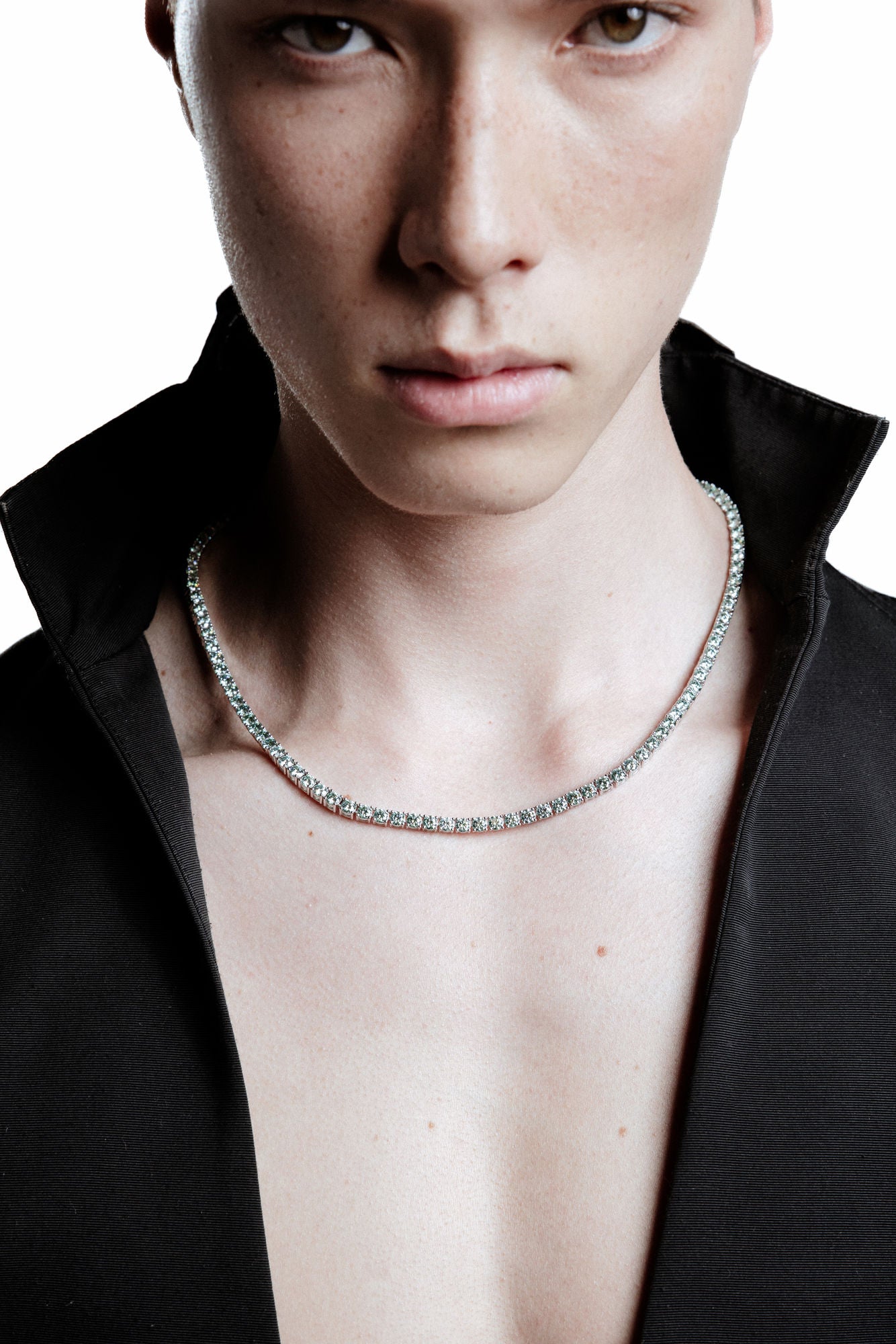 4mm Tennis Aqua Green Rhodium Plated Necklace w. Moissanites