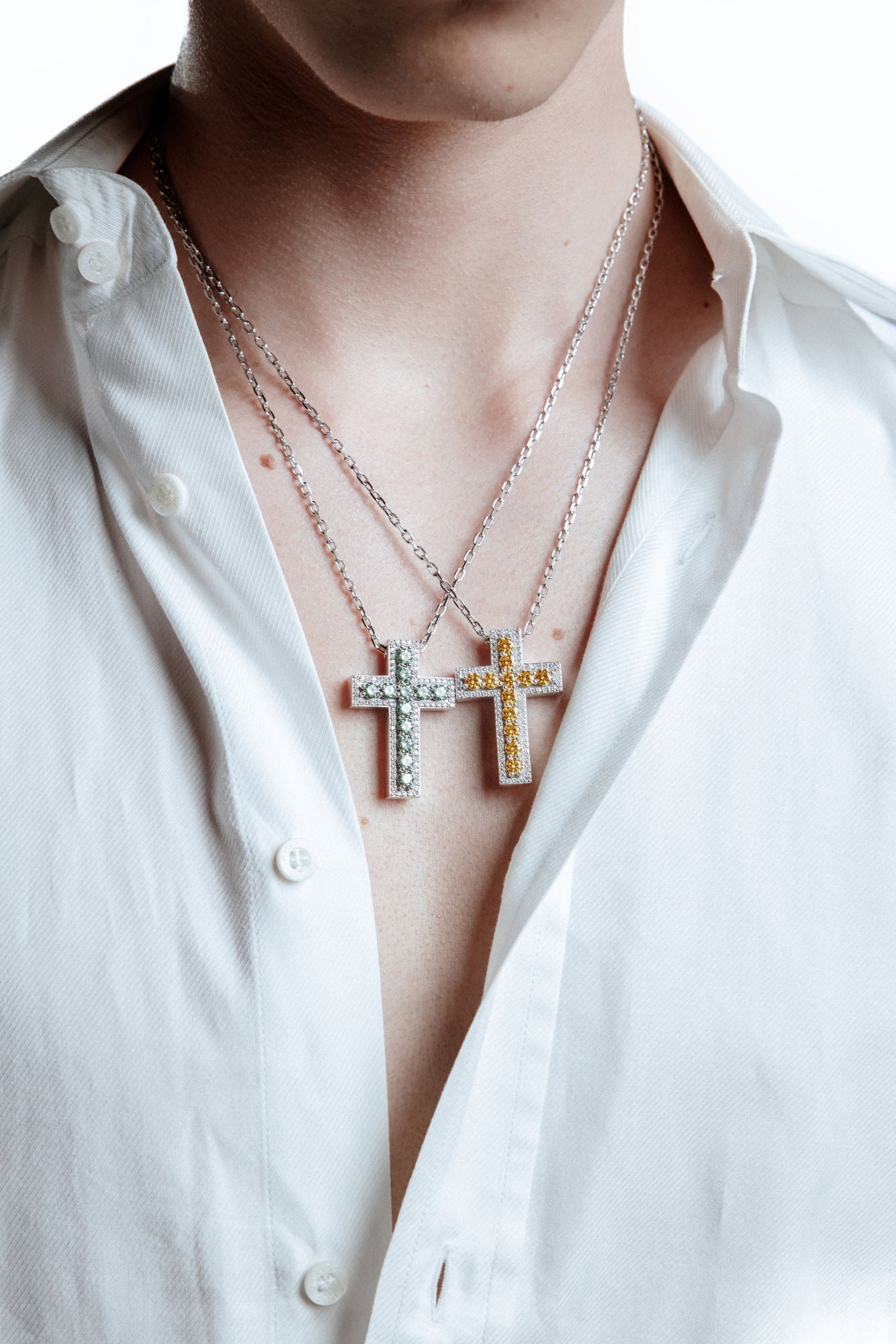 Aqua Green Cross Rhodium Plated Silver Pendant Necklace w. Moissanites