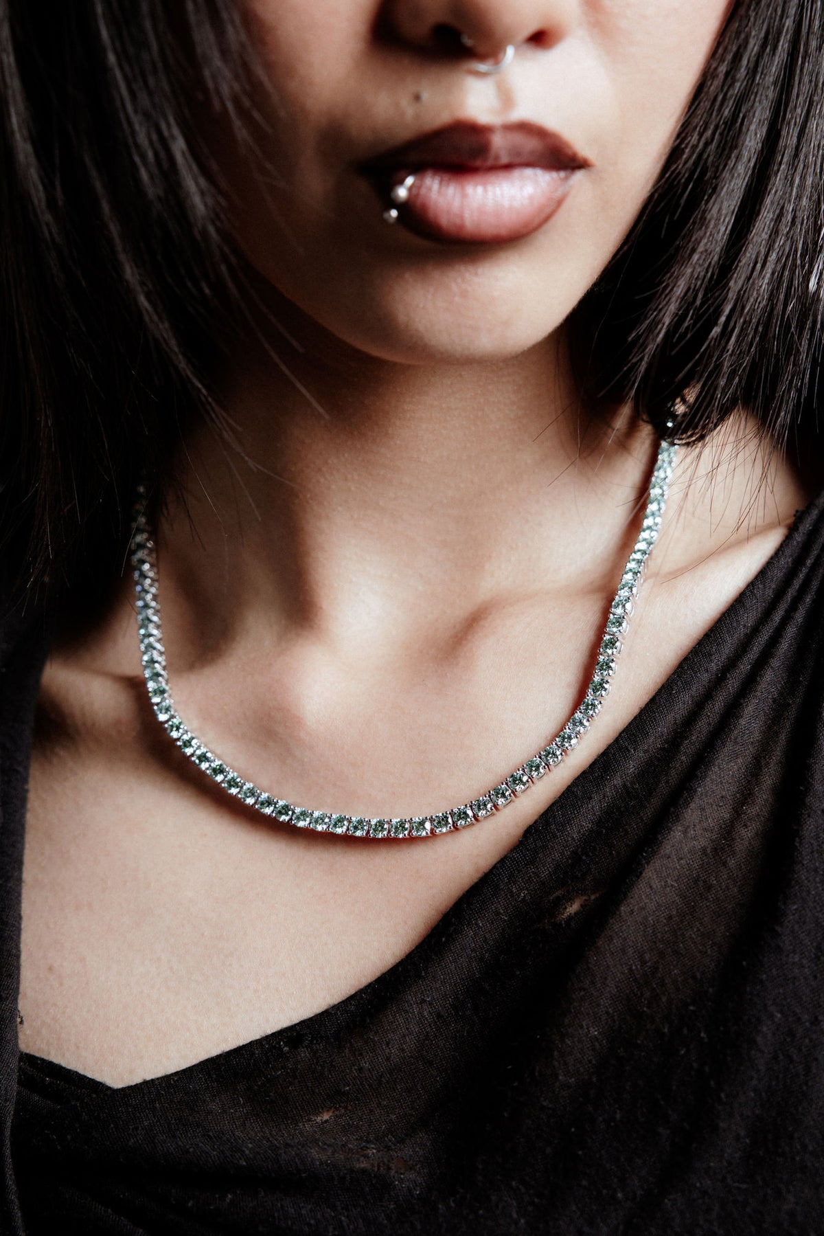 4mm Tennis Aqua Green Rhodium Plated Necklace w. Moissanites