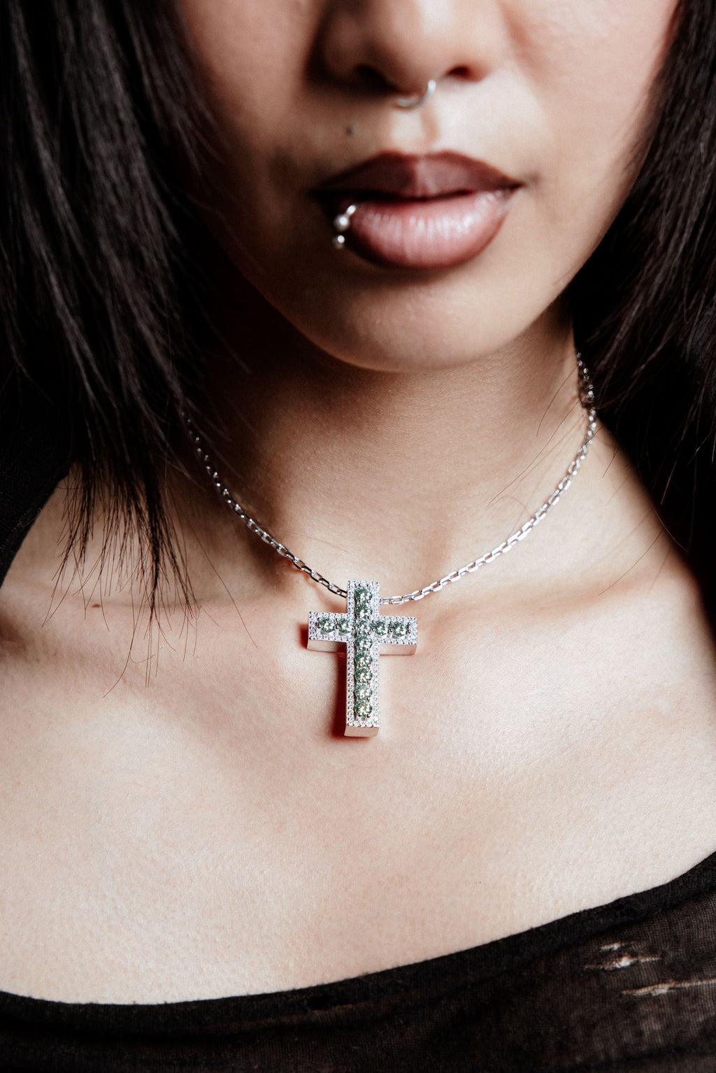 Aqua Green Cross Rhodium Plated Silver Pendant Necklace w. Moissanites