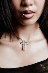Aqua Green Cross Rhodium Plated Silver Pendant Necklace w. Moissanites