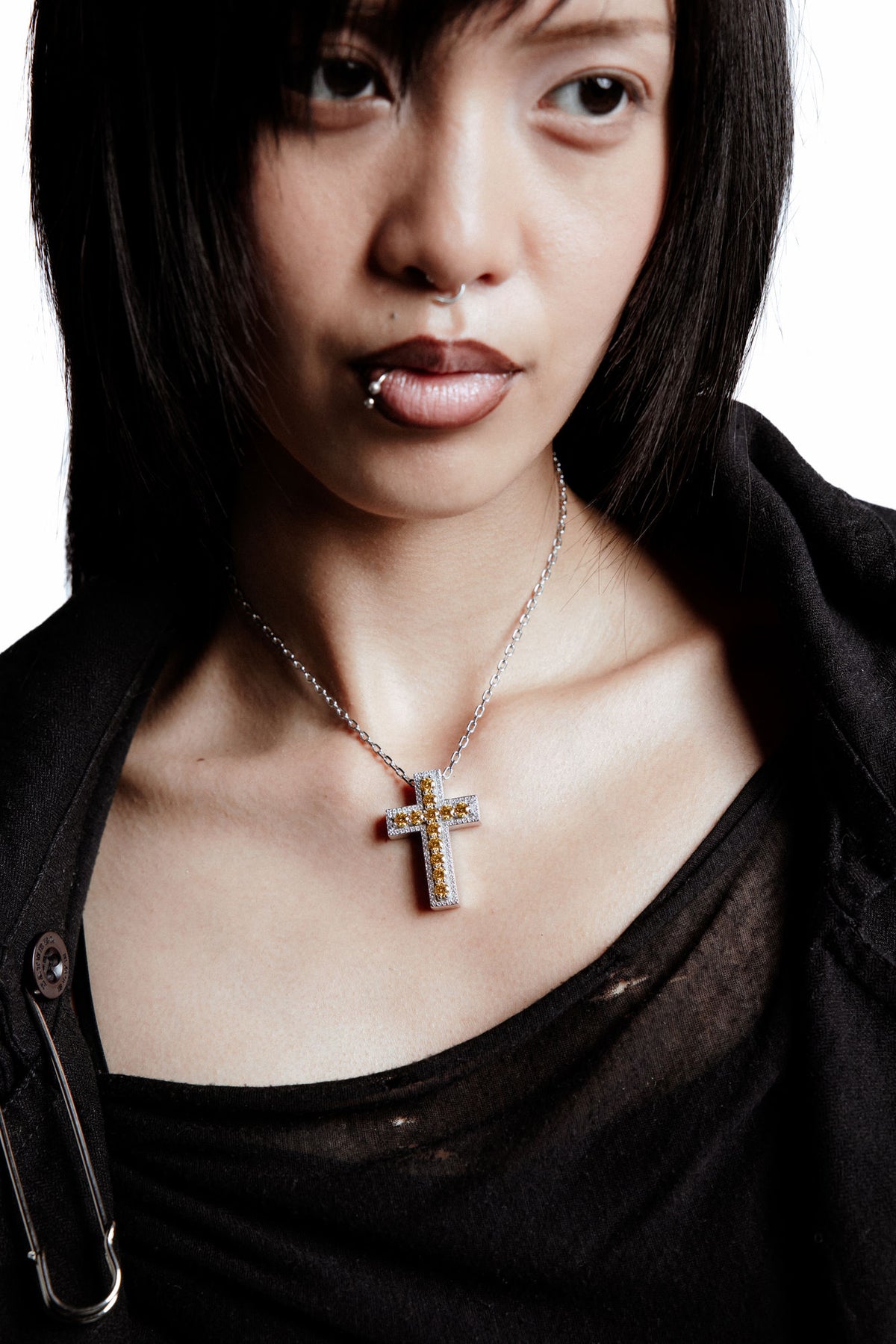 Yellow Cross Rhodium Plated Silver Pendant Necklace w. Moissanites