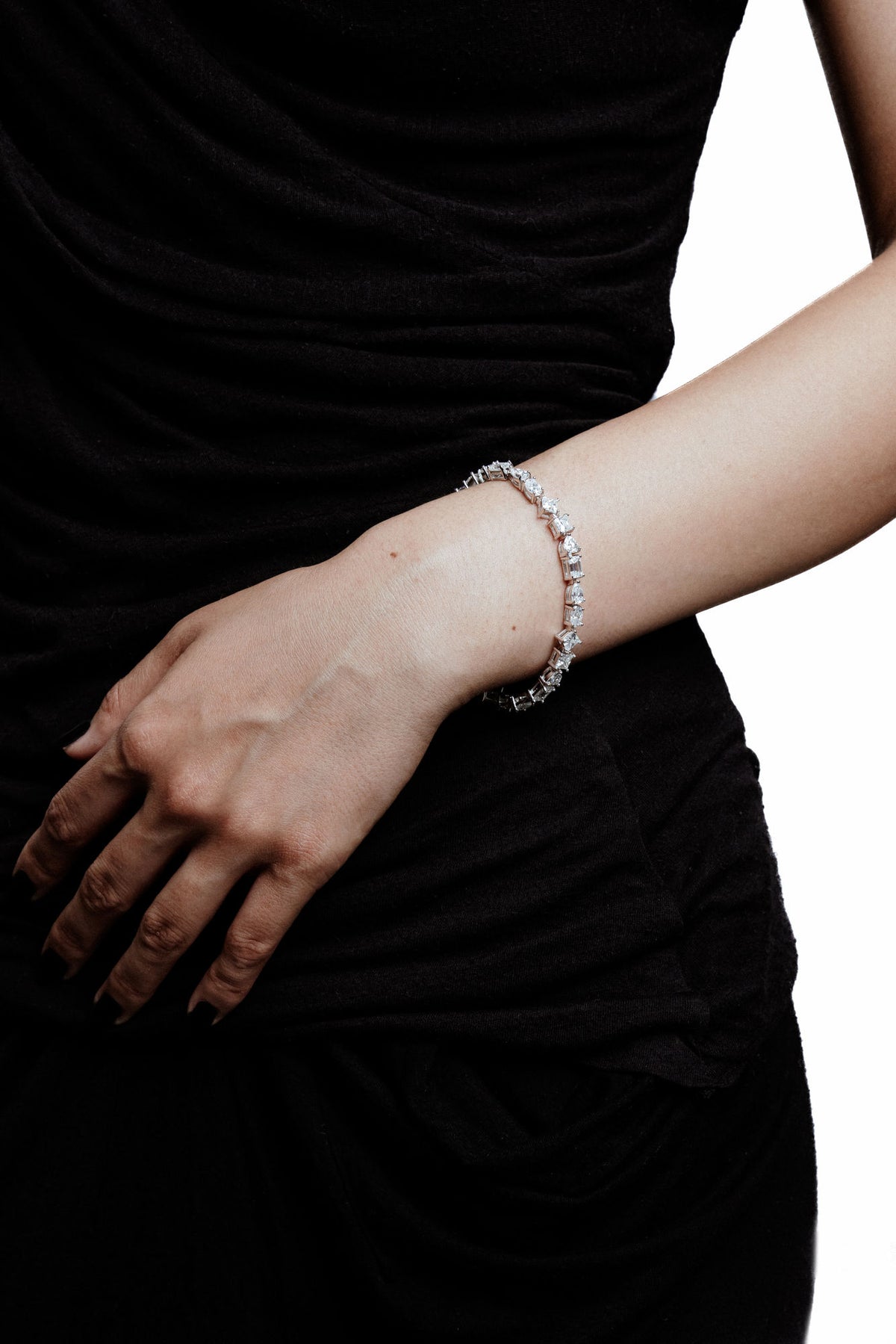 Mixed Shape Rhodium Plated Silver Tennis Bracelet w. Moissanites