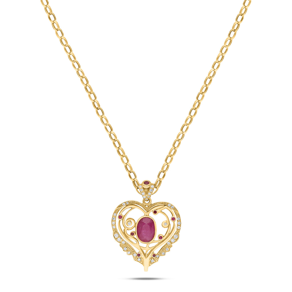 Elixir Heart 18K Gold Necklace w. Ruby & Diamonds