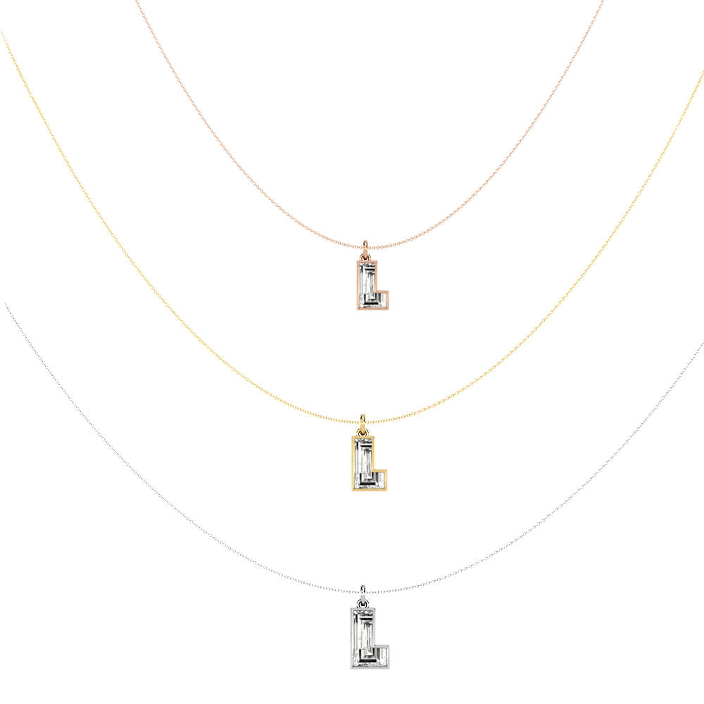 Alphabet 18K Gold, Rosegold or Whitegold Inital L Pendant w. Solitaire Lab-Grown Diamond