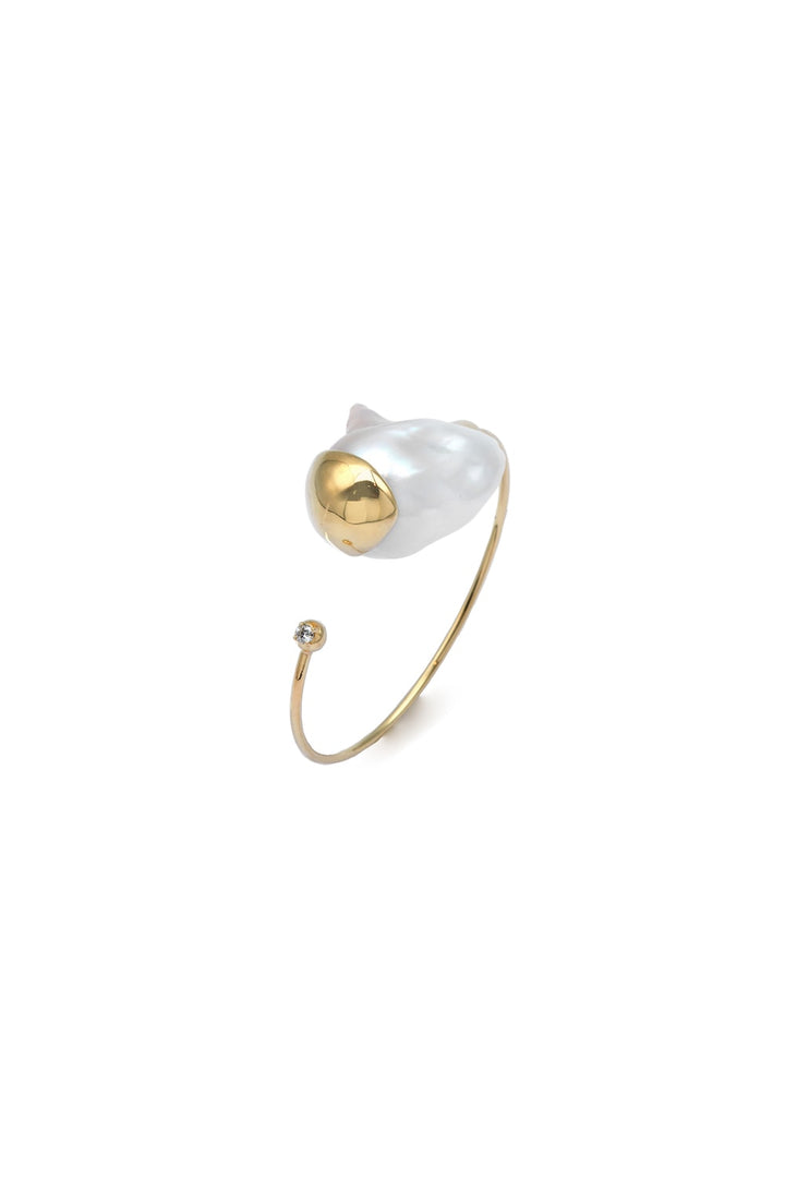 Large Fluid Pearl and Diamond Cuff 14K Gold Bracelet