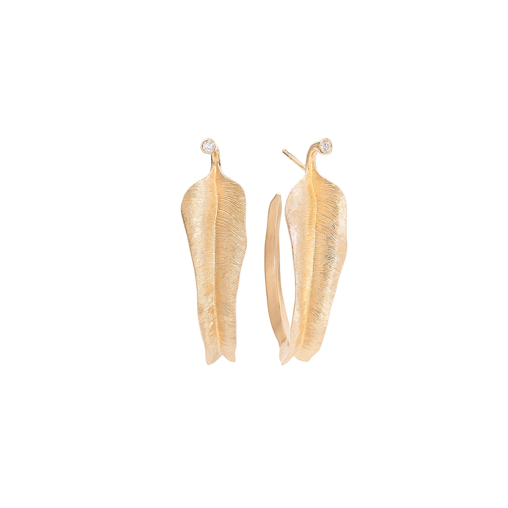 Large Leaves 18K Gold Hoops w. Diamonds