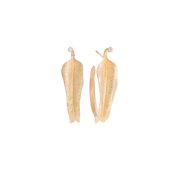 Large Leaves 18K Gold Hoops w. Diamonds
