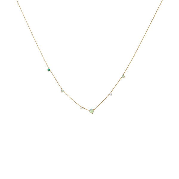 Linear Chain 14K Gold Necklace w. Opal, Diamond, Emerald & Sapphire