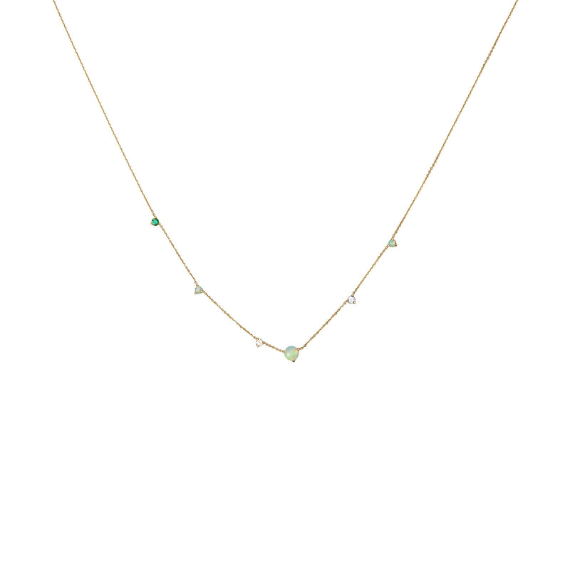 Linear Chain 14K Gold Necklace w. Opal, Diamond, Emerald & Sapphire