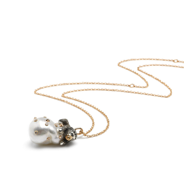Lion On Pearl Sølv & Guld Halskæde m. Perle