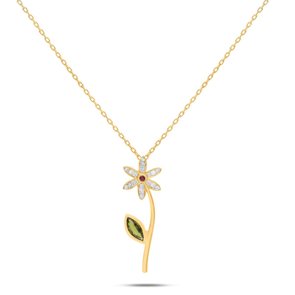 Lily Flower 18K Gold Necklace w. Ruby, Tourmaline & Diamonds