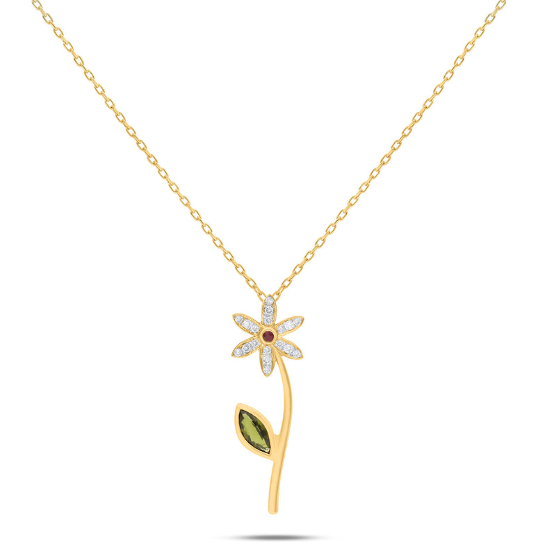 Lily Flower 18K Gold Necklace w. Ruby, Tourmaline & Diamonds