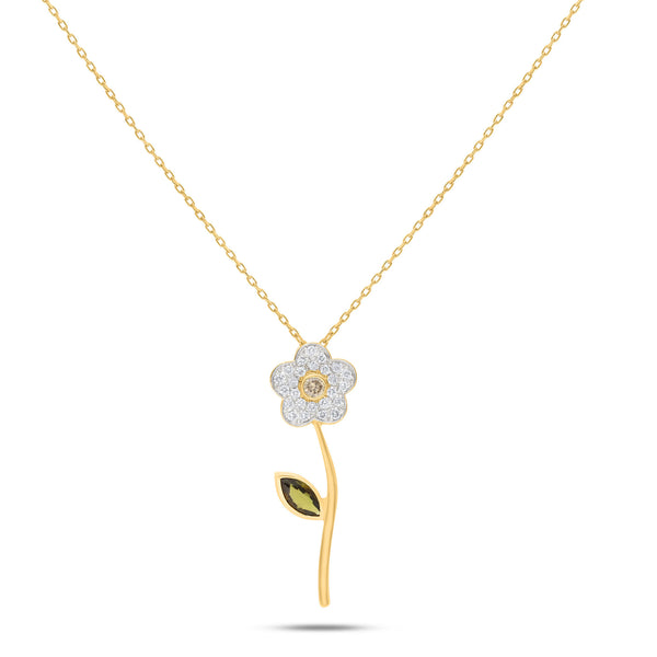 Marguerite Flower 18K Gold Necklace w. Yellow Tourmaline & Diamonds