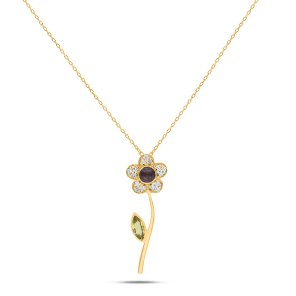 Marguerite Flower 18K Gold Necklace w. Purple Tourmaline & Diamonds