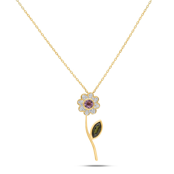 Daisy Flower 18K Gold Necklace w. Purple Tourmaline & Diamonds