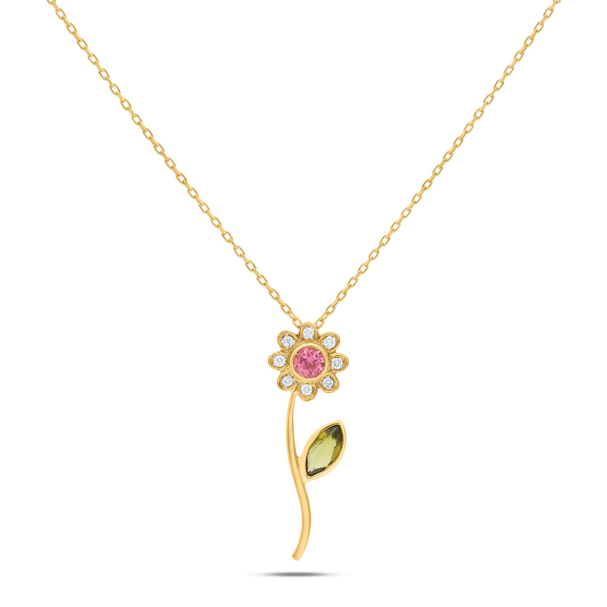 Daisy Flower 18K Gold Necklace w. Pink Tourmaline & Diamonds