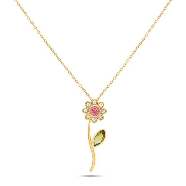 Daisy Flower 18K Gold Necklace w. Pink Tourmaline & Diamonds
