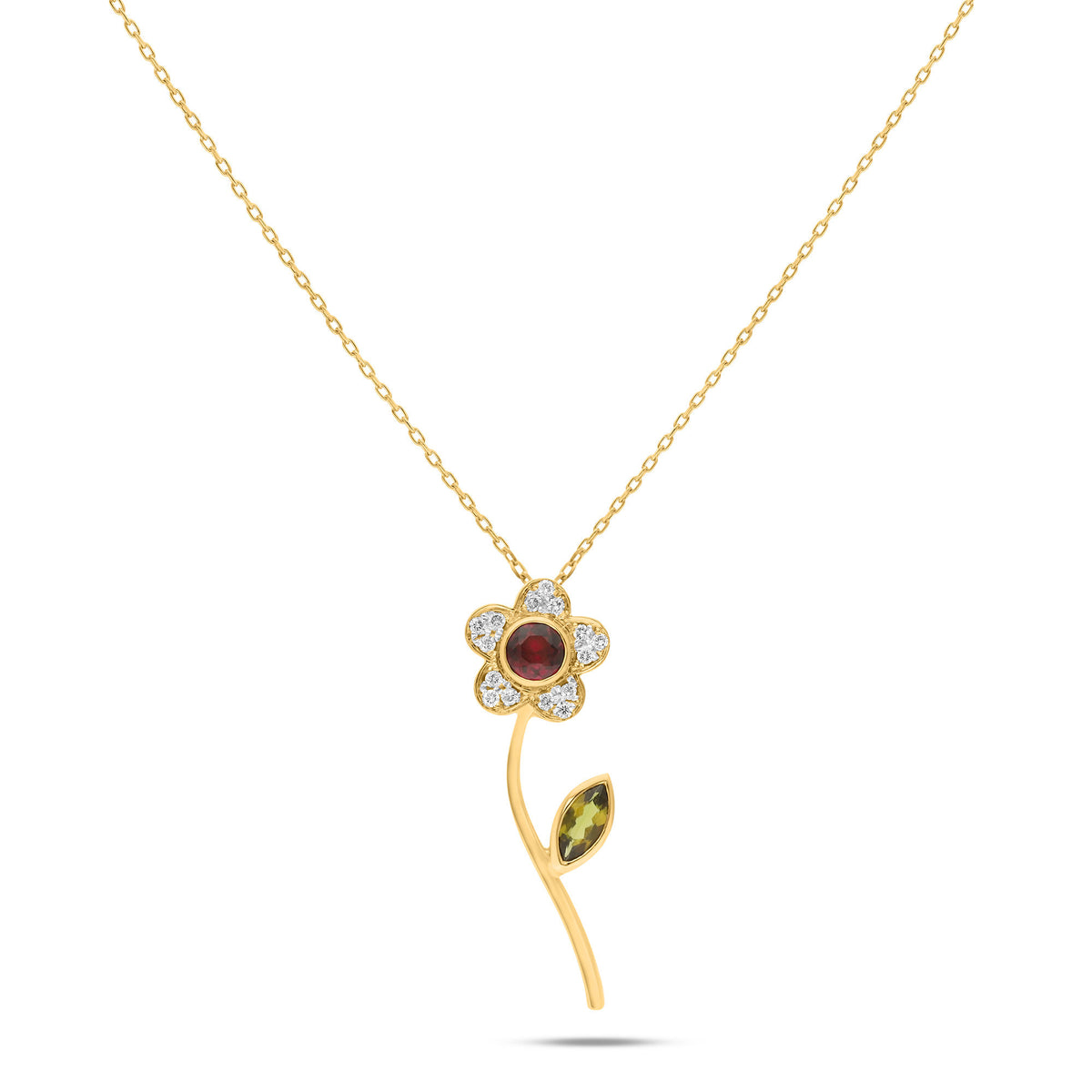 Marguerite Flower 18K Gold Necklace w. Red Tourmaline & Diamonds