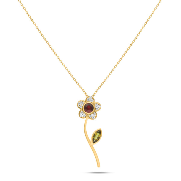 Marguerite Flower 18K Gold Necklace w. Red Tourmaline & Diamonds