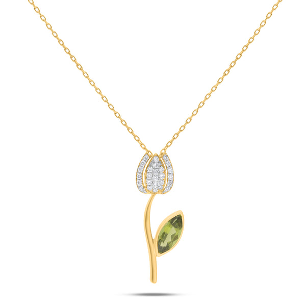 Tulip Flower 18K Gold Necklace w. Tourmaline & Diamonds