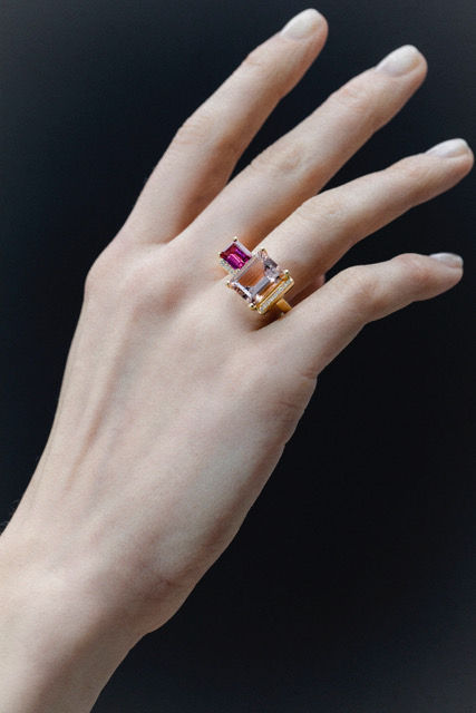 Lustre Ring 14 18K Gold Ring w. Morganite, Tourmalin & Diamond