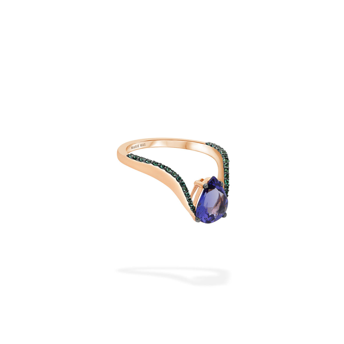 marie mas aura ring tanzanite pear shape stone half pave with emeralds rose gold 2 0cc93837 0707 438e 83f8 418f0c2b9449 (1)