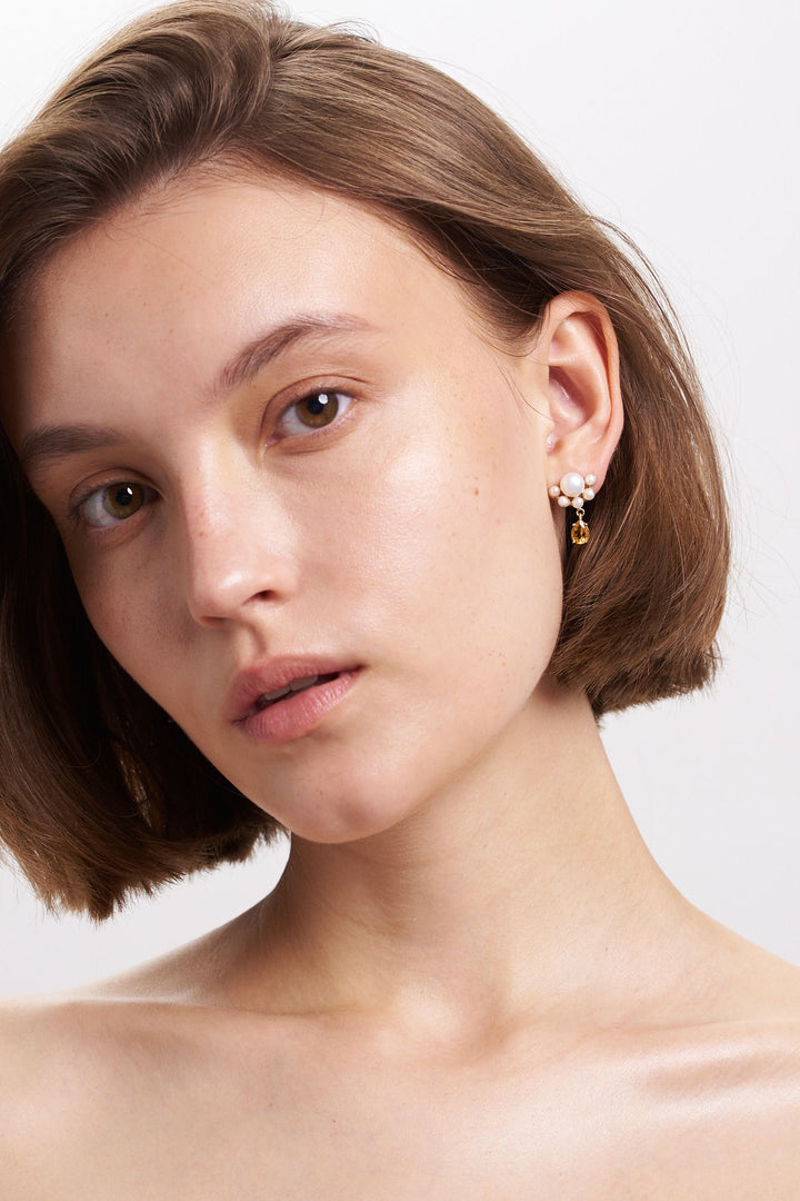 MIRIAM 9k Gold Earrings w. Citrin & Pearl