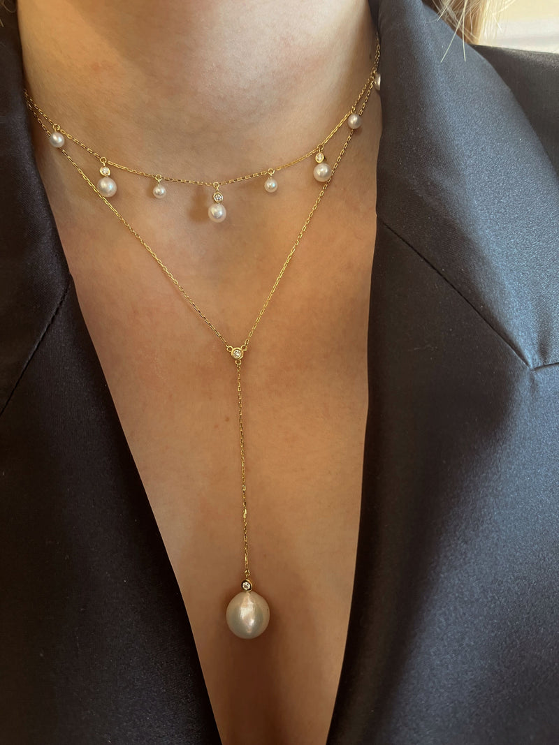 Baroque Pearl & Diamonds 18K Gold Lariat Necklace