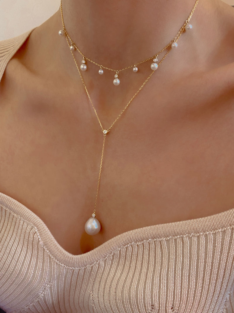 Baroque Pearl & Diamonds 18K Gold Lariat Necklace