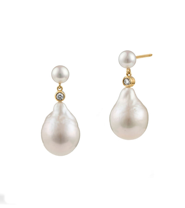 Pearl Duo 18K Gold Drop Earrings w. Pearls & Diamonds