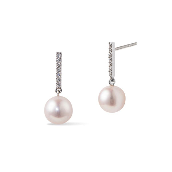 Diamond Bar 18K White Gold Earrings w. Pearls