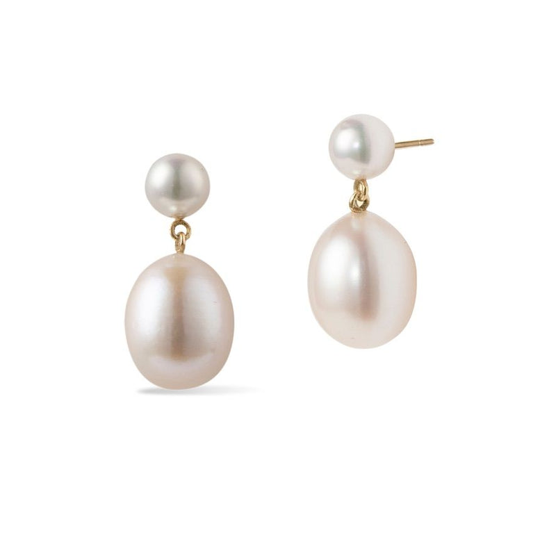 Oval Duo 18K Gold Drop Earrings w. Pearls