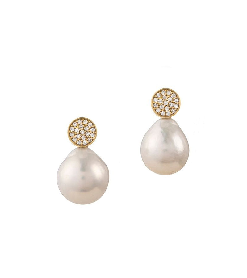 Diamond Disk Pearl 18K Gold Drop Earrings