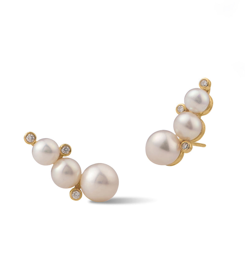 Sea Foam Glimmers 18K Gold Earrings w. Pearls & Diamonds