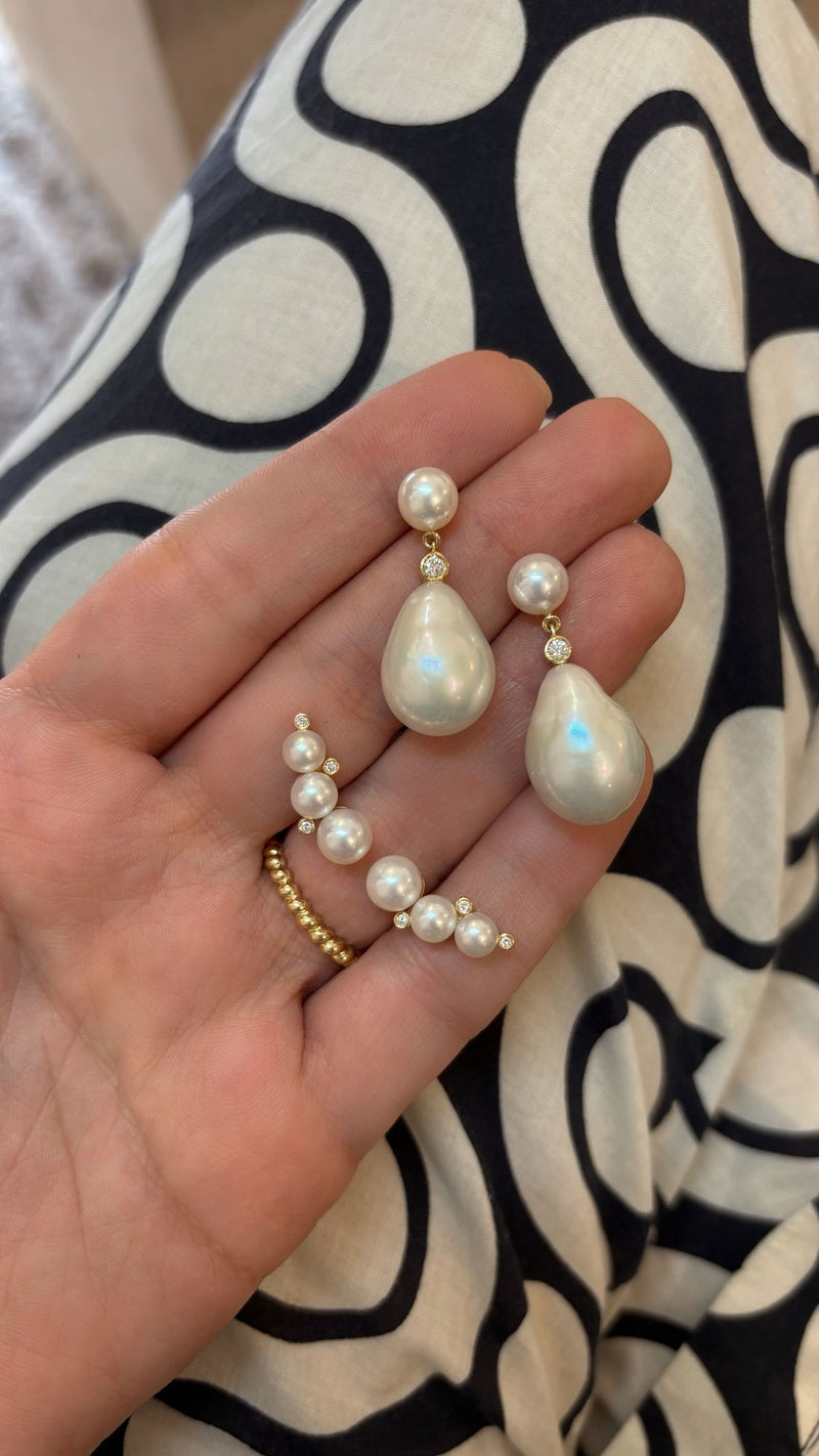 Sea Foam Glimmers 18K Gold Earrings w. Pearls & Diamonds