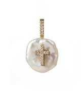 Diamond Cross Petal 18K Gold Charm Necklace w. Pearl