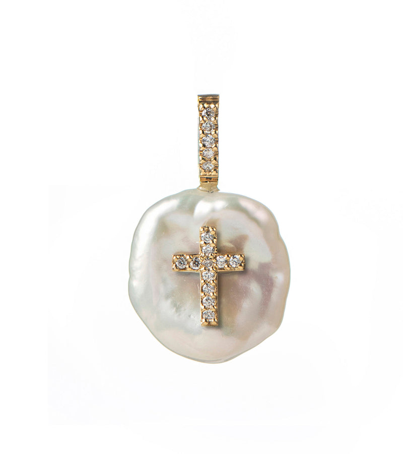 Diamond Cross Petal 18K Gold Charm Necklace w. Pearl