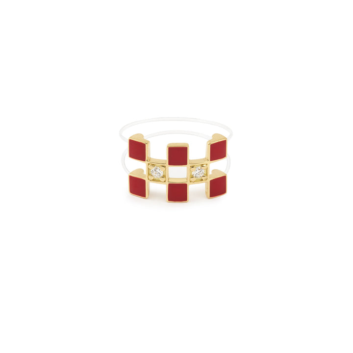 Illusion Red Lacquer Nylon 18K Gold Ring w. Lab-Grown Diamonds