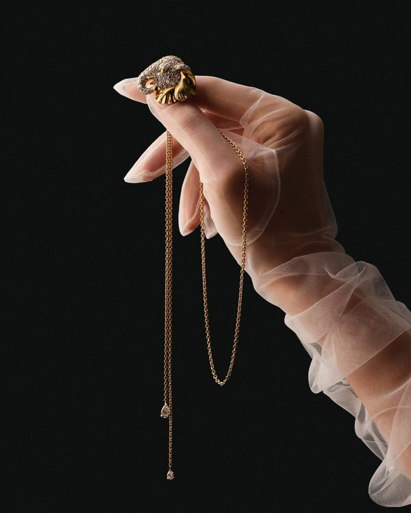 Elephant Neglige 18K Gold Necklaces & Brooche w. Lab-Grown Diamond