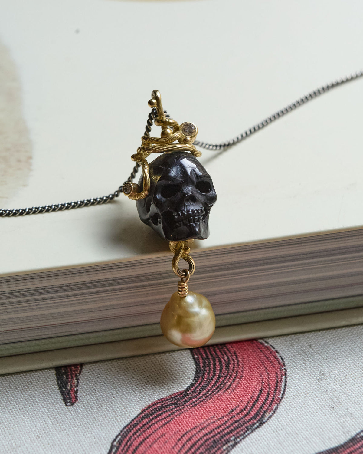 Memento Mori SIlver & 18K & 22K Gold Necklace w. Diamond & Pearl