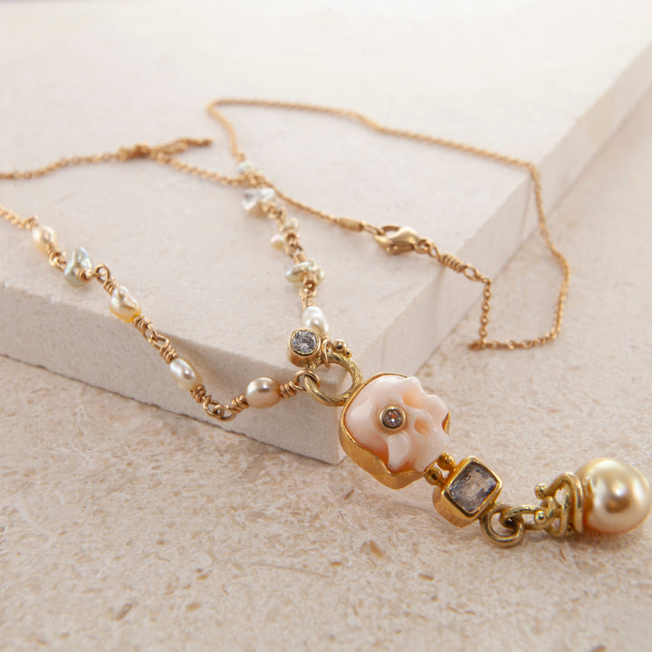 Memento Mori 18K & 22K Gold Necklace w. Keshi Pearl, Spinel & Diamond