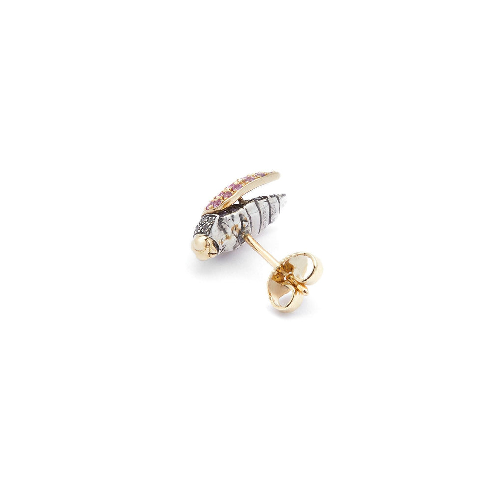 Mini Scarab Fly 18K Gold & Silver Stud w. Sapphire & Amethyst