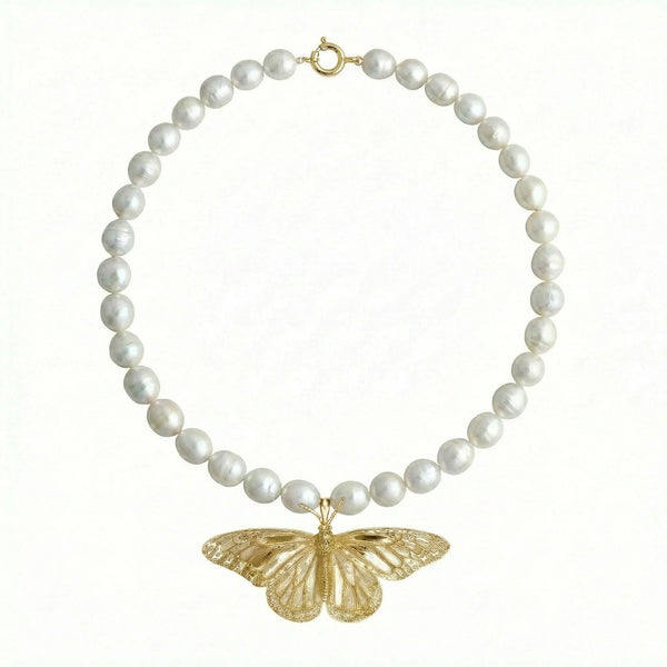 Gold Plated Monarch Necklace w. Pearls