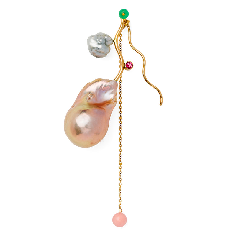 Long Moselle 14K Gold Earring w. Pearls & Sapphire