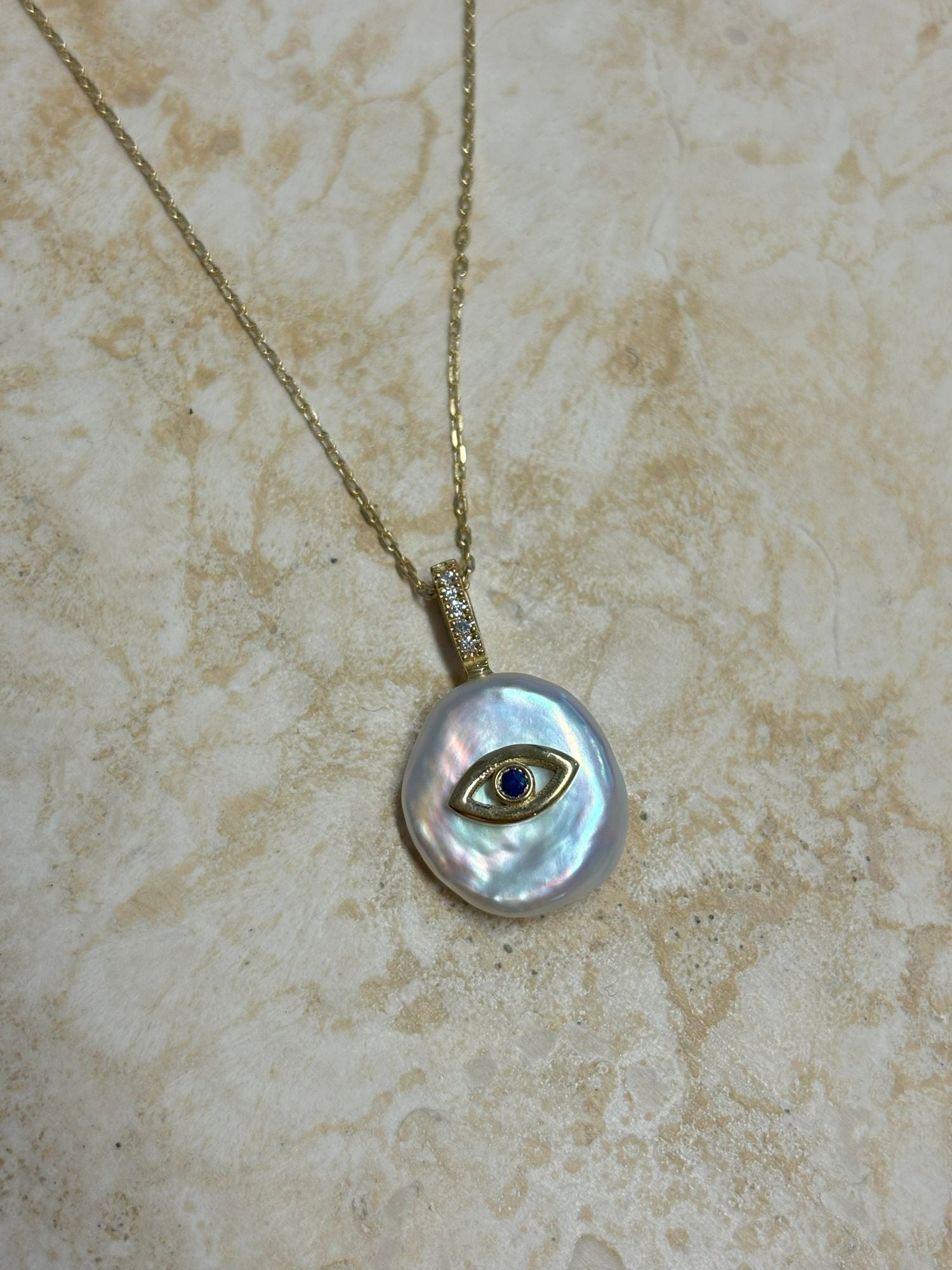 Evil Eye Petal 18K Gold Charm Necklace w. Pearl & Diamonds