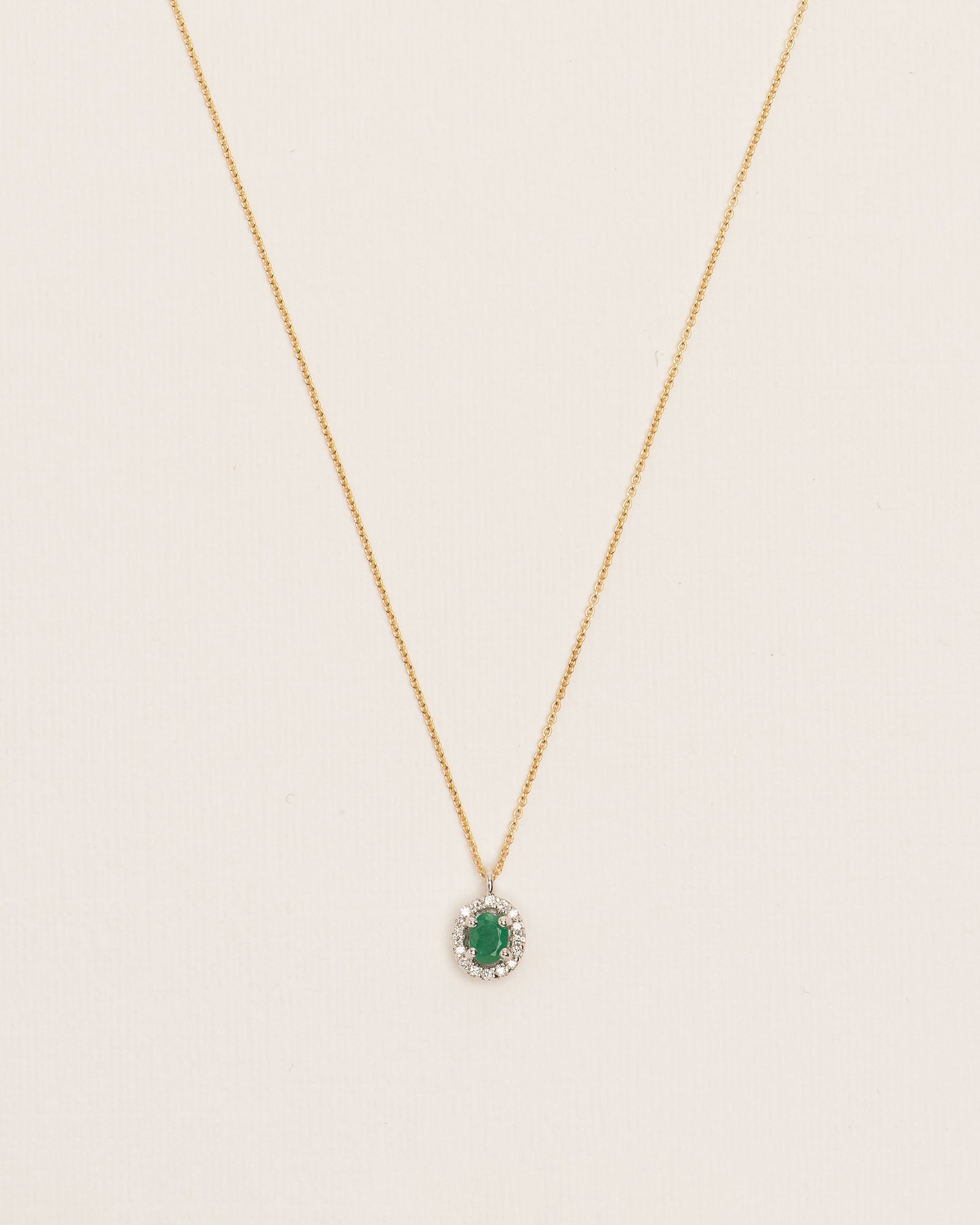 Halo 18K Gold Necklace w. Diamonds & Emeralds