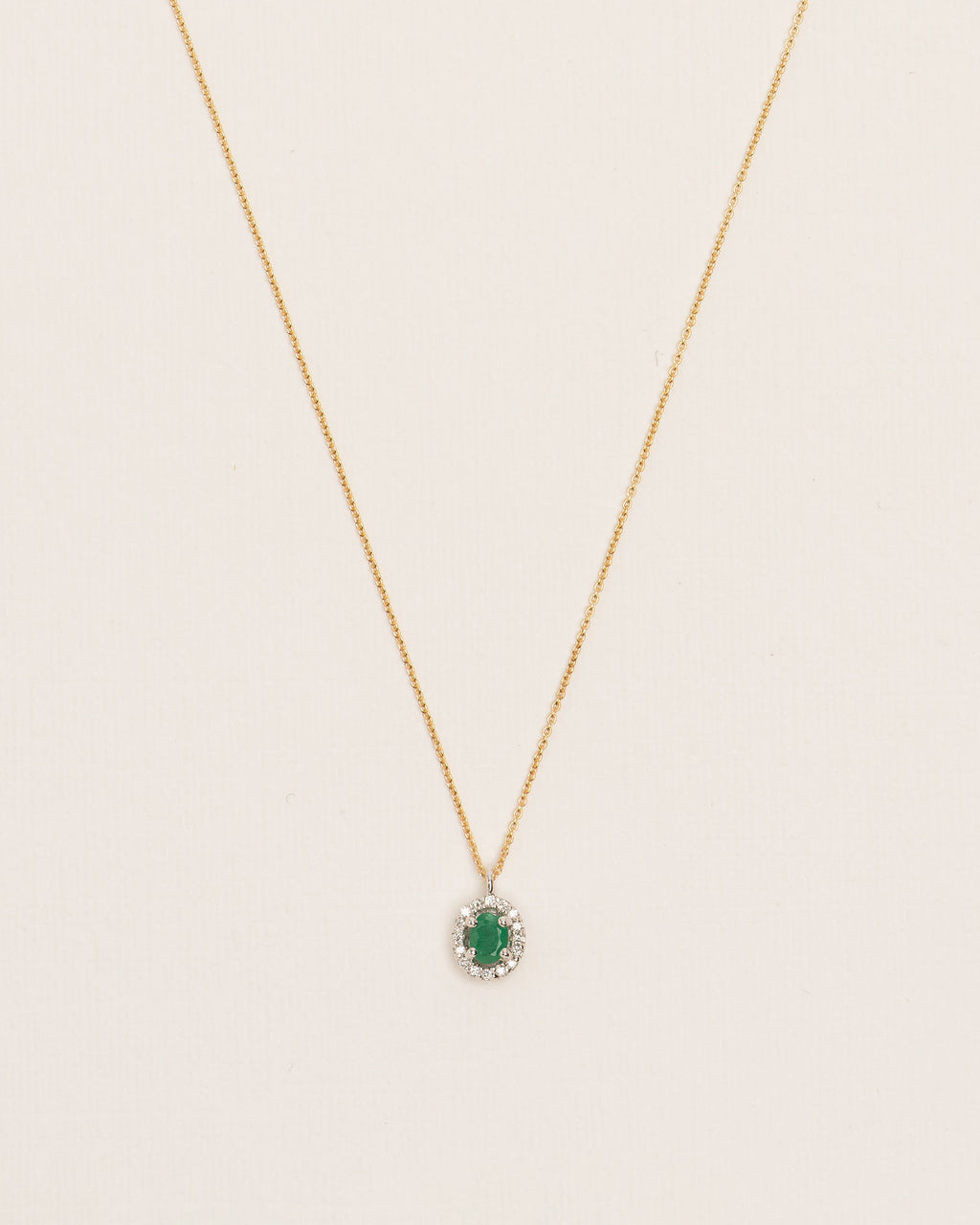 Halo 18K Gold Necklace w. Diamonds & Emeralds