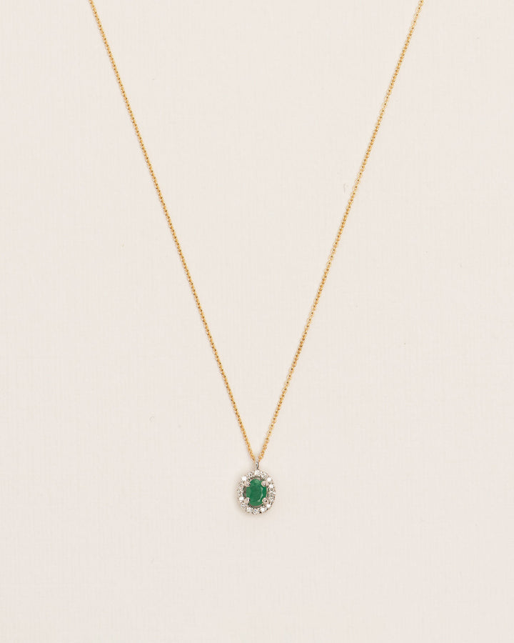 Halo 18K Gold Necklace w. Diamonds & Emeralds